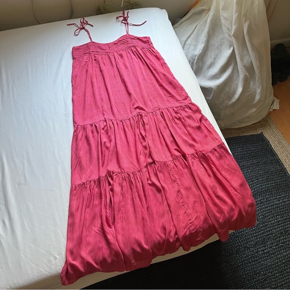 NATALIE MARTIN pink brown rayon striped tiered sleeveless maxi dress